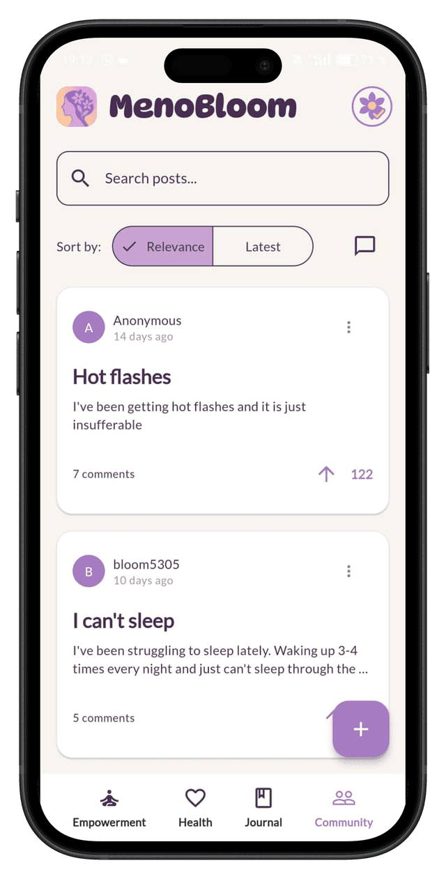 Community support feed in the MenoBloom app