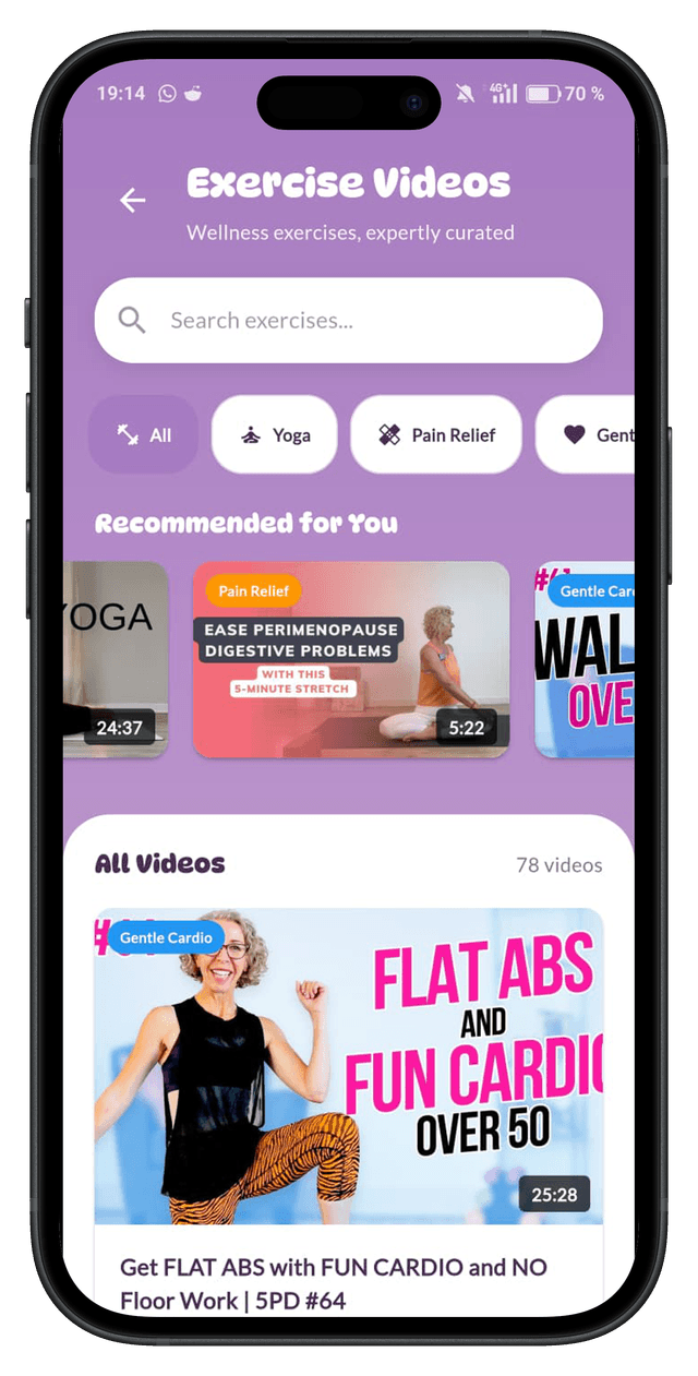 Exercise video library inside the MenoBloom app